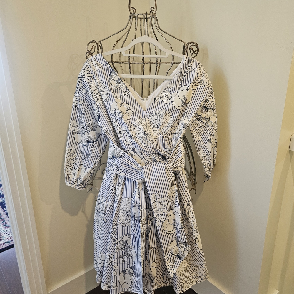 Zara Blue & White Floral Stripe Wrap Dress